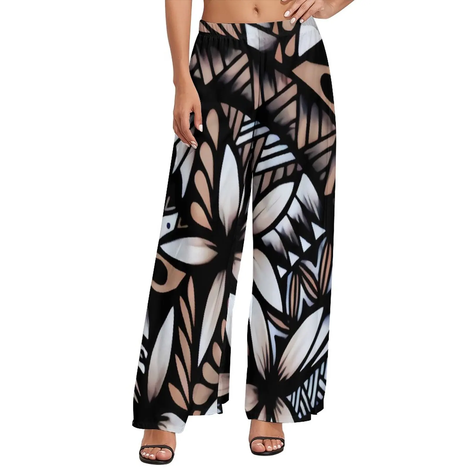 Low Price Wide Cropped Pants Polynesian Tribal White Background With Monstera Leaf Hibiscus Prints Lady Wide Leg Pants Custom