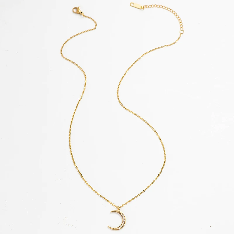 Wild&Free New Simple Crescent Moon Necklace Plain Half Moon Crystal Pendant Necklaces for Women Stainless Steel Fashion Jewelry