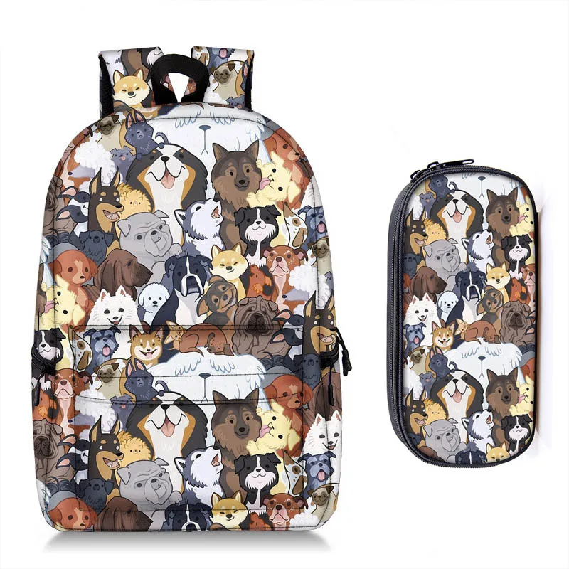 

Cute Kitten Cats / Puppy Dogs Print Backpack + Pencil Bag for Teenager Boy Girl Children School Bags Kids Bookbag Women Backpack