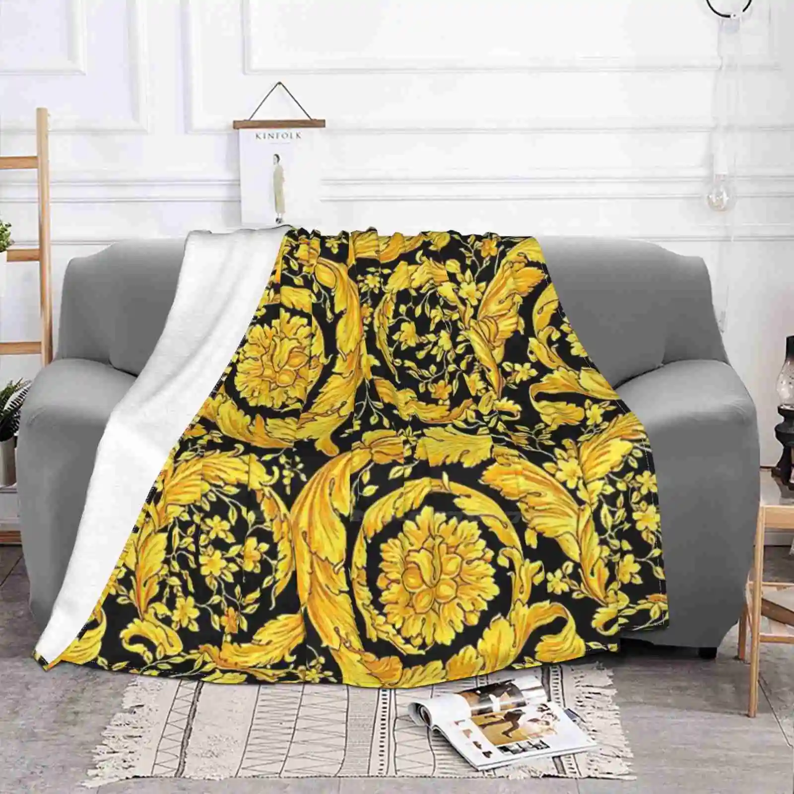 Gold Floral Pattern Creative Design Light Thin Soft Flannel Blanket Gold Floral Black Pattern Luxury Yellow Fashion