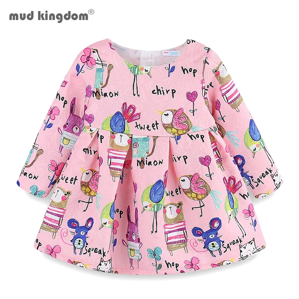 Mudkingdom Boutique Girls Dresses Cute Blossom Prints Long Sleeve Dress Girl Clothes Floral Animal Kids Clothing Spring Autumn