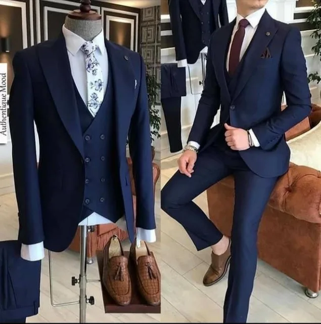 2024 Business Navy Blue Men Suits With Pants 3 Piece Groom Suit Smoking Tuxedo Jacket Wedding Suits For Men Best Man Blazer