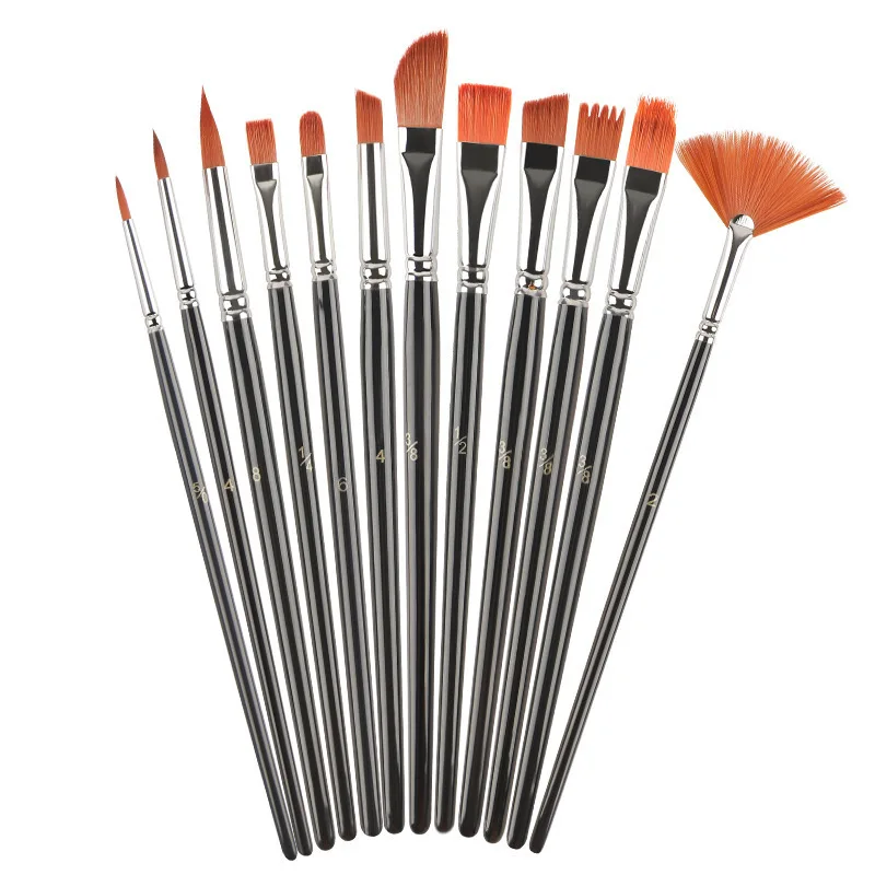 12Pcs Set Multi-functional Short Wood Black Stem For Beginner Gouache Watercolor Acrylic Oil Painting brush Nylon Hair Art Tool