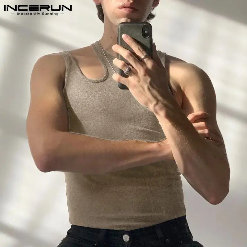 Sexy Leisure New Men\'s Loose Solid Hot Sale Vests Comeforable Sleeveless Shoulder Hollow Design Vests S-5XL INCERUN Tops 2023
