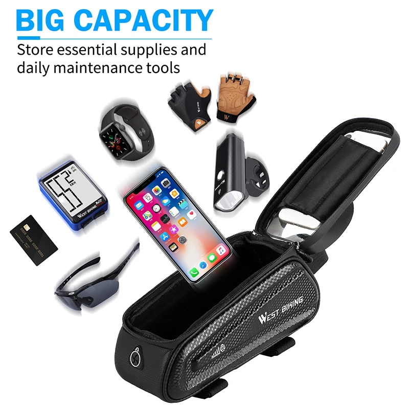 WEST BIKING Bicycle Front Frame Bag 6-7.2 Inch Phone Big Capacity Waterproof Touch Screen MTB Road Scooter Bicycle Accessories