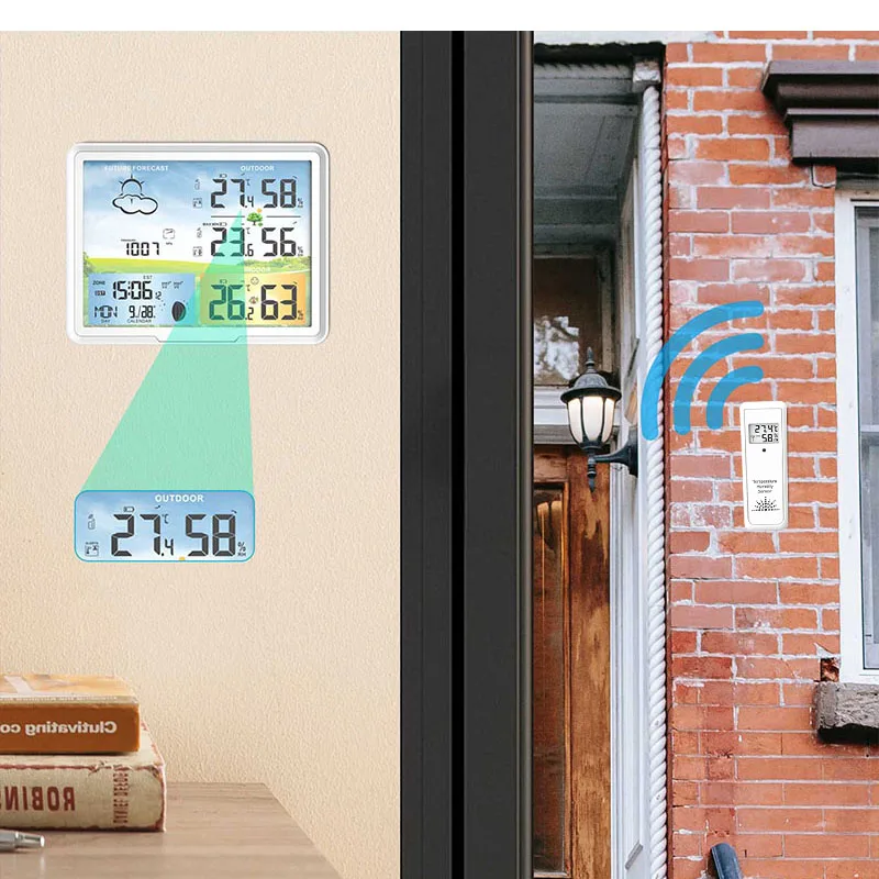 Protmex Jam Alarm Stasiun Cuaca Digital Multifungsi Dalam/Luar Ruangan Prakiraan Cuaca Termometer Higrometer 2 Sensor Nirkabel