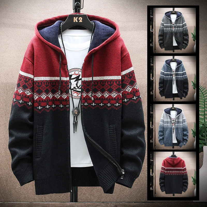 

Cardigan Sweater Men's Autumn Winter Plus Velvet Thick Handsome Hooded Boy Fleece Clothes Warm Jumper Coat Striped Jacket