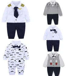 Newborn Baby Gentleman Clothes Long Sleeves Romper Ties Boys Shirt Outfit Wedding Anniversary Formal Tuxedo overall Bowties