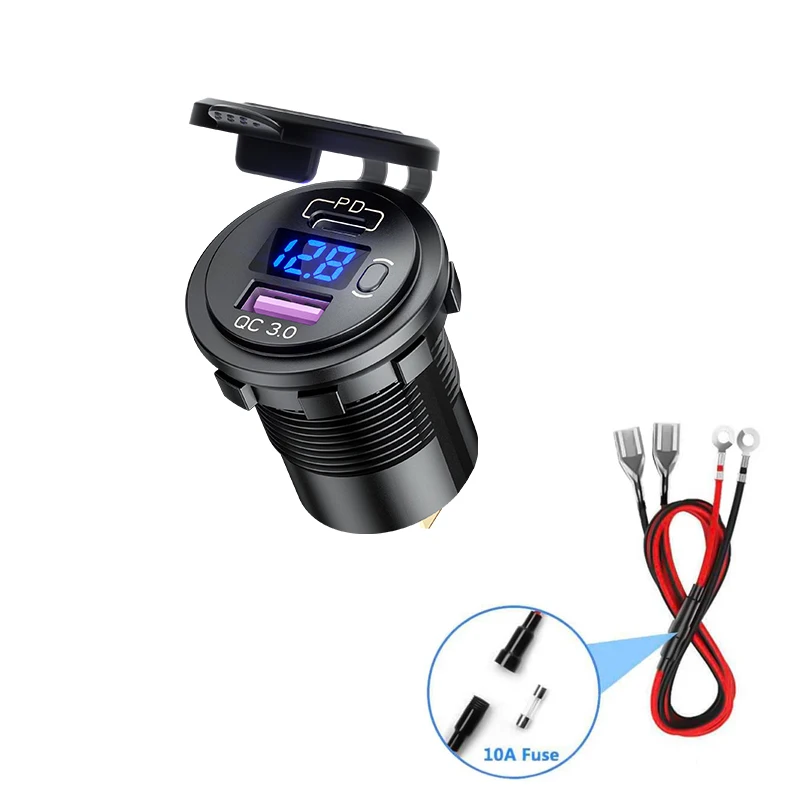 PD Type C USB Car Charger Switch QC 3.0 Quick Charger Waterproof 36W Charger Power Delivery Voltmeter With 10A Fuse 60cm Cable