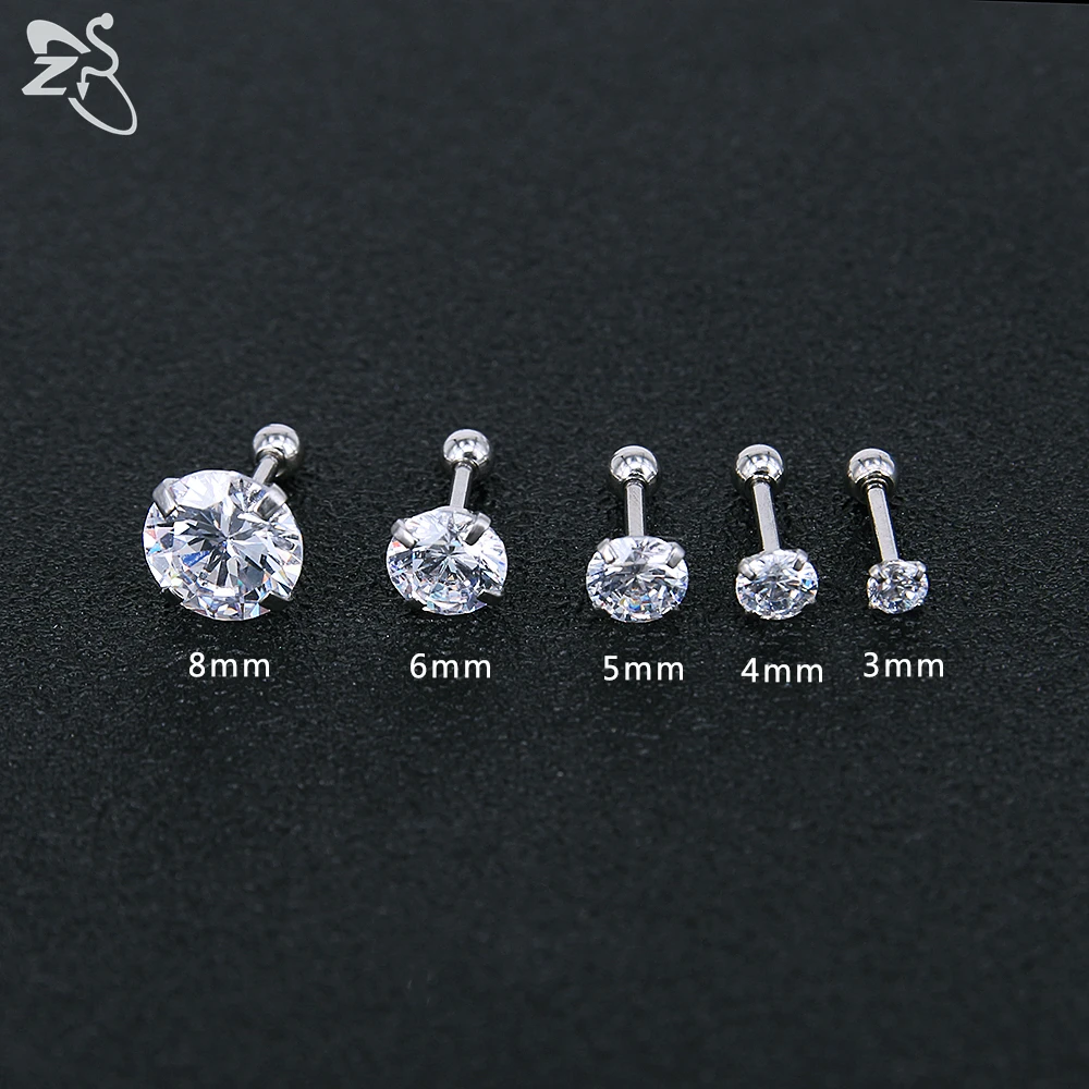 ZS 4 Pairs 3-8mm Shiny Cubic Zirconia Stud Earring Set 316L Stainless Steel Ear Studs Ear Tragus Helix Conch Cartilage Piercings