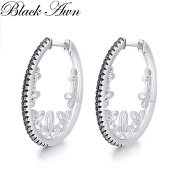 Black Awn 2023 New Oval Hoop Earrings For Women Classic Silver Color Trendy Spinel Engagement Jewelry I218