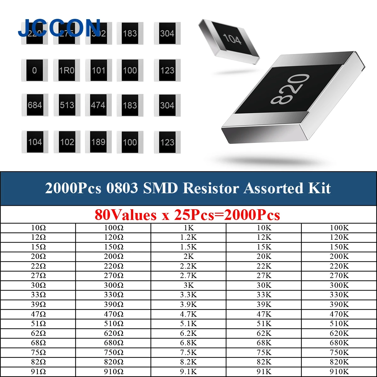 2000Pcs 0805 SMD Resistor Assorted Kit 10R-910K 80Values x 25Pcs=2000Pcs Sample Kit Chip Fixed Resistor DIY