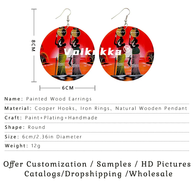 Voikukka Jewelry 6 CM Circle Wooden African Traditional Art Woman Headscarf Both Sides Printing Dangle Earrings For Gifts