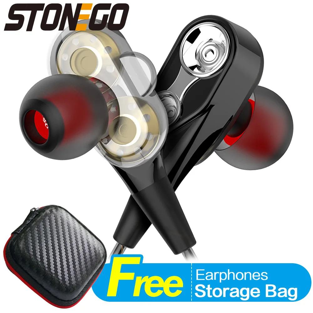 STONEGO In-Ear Earbud Earphone Dual Dynamic Driver Headphones Heavy Bass Hifi with Mic 3.5mm Jack