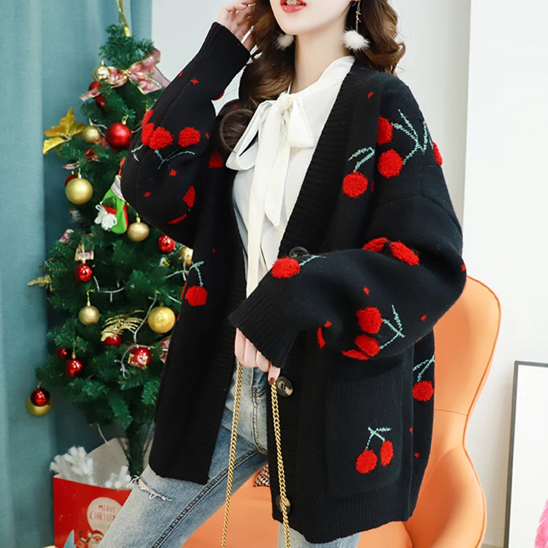 Embroidery Knitwear Cardigan women sweater spring autumn V Neck Oversize Woman Sweater Cardigan Jacket