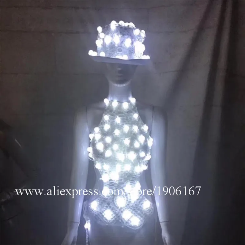 Newest Led Light Sexy Lady Costume Party Evening Dress Led Luminous Hat Stage Performance Clothes Led Lighting Bikini Dance Suit