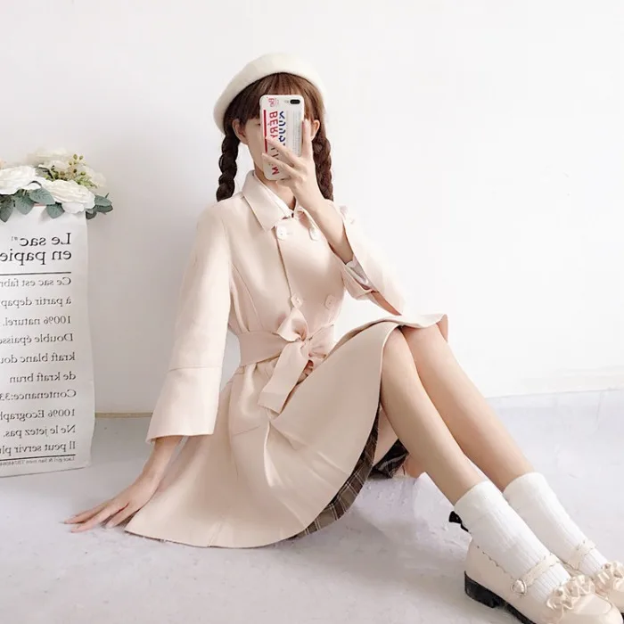 Japanese Style  Mid-Length Woolen Coat for Women Autumn and Winter 2020 New Student Cute Waist-Tight Woolen Coat Fashion