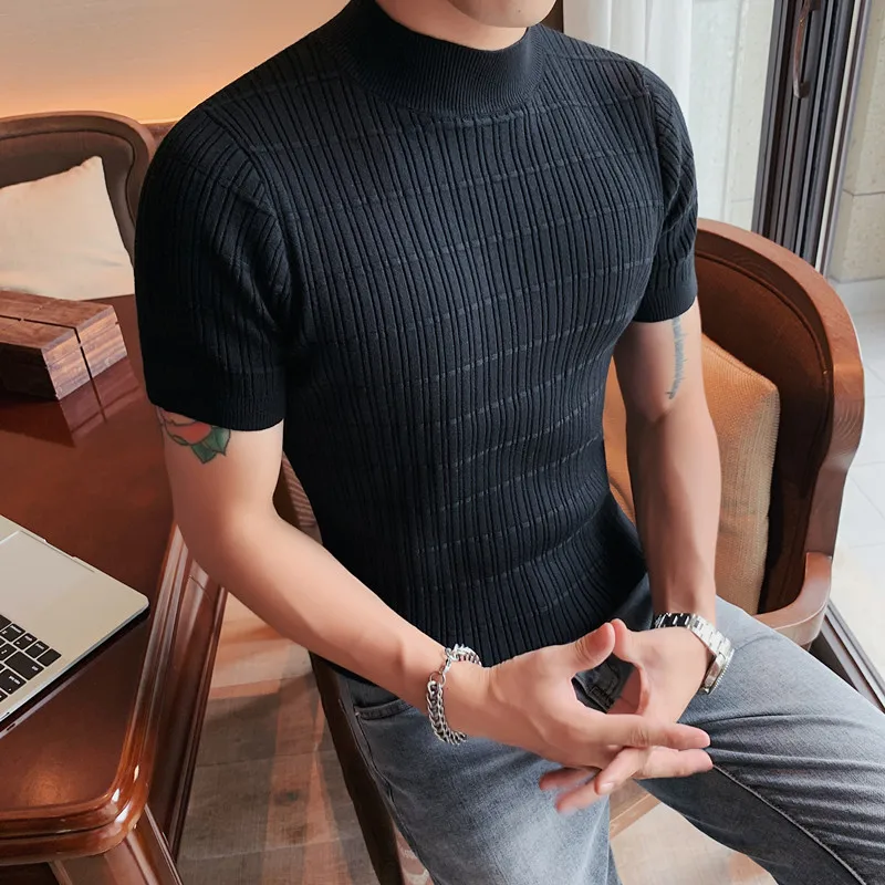 2021 Autumn Knitted T-shirt Men Slim Short Sleeve Sweater Half Turtleneck Casual Tee Tops Streetwear Bottoming Shirt Clothing