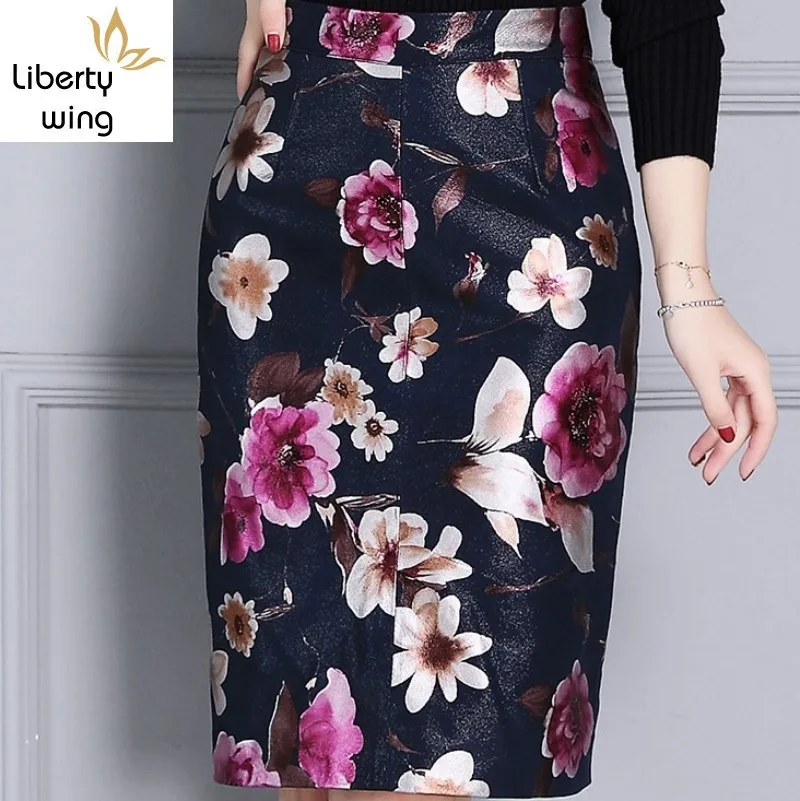 

Luxury Quality Sheepskin Womens Floral Printing Wrap High Waist Knee Length Real Leather Ladies Skirts Plus Size 4XL