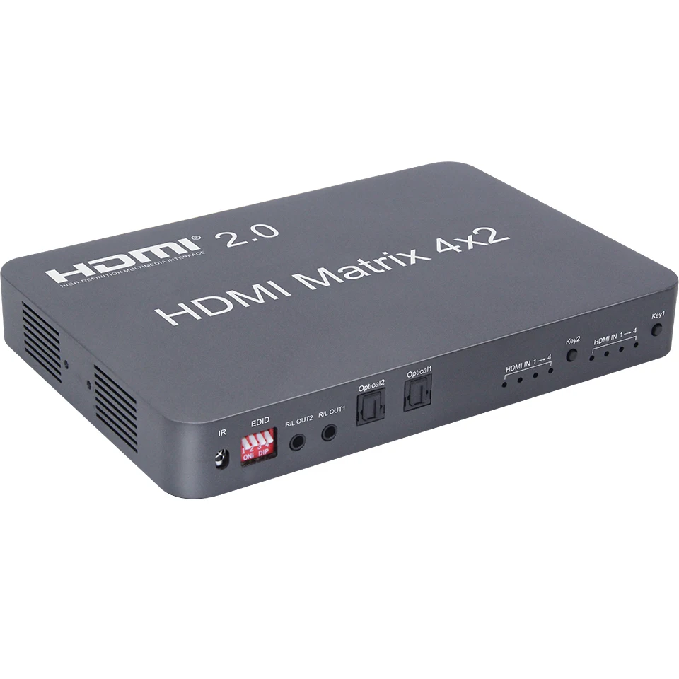 Comutador hdmi 2.0, matriz de splitter 4x2, 4k, 60hz, suporte de áudio independente por estrutura óptica ou estéreo lpcm/dolby/dts