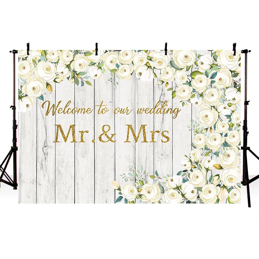 Mehofond Photography Background Mr & Mrs White Wooden Wall Floral Bridal Wedding Engagement Party Decor Backdrop Photo Studio