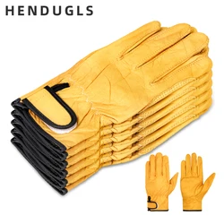 HENDUGLS-Luvas de couro para homens, mão macia, canteiro de obras, segurança, luvas de couro, amarelo, frete grátis, 527NP, 5pcs