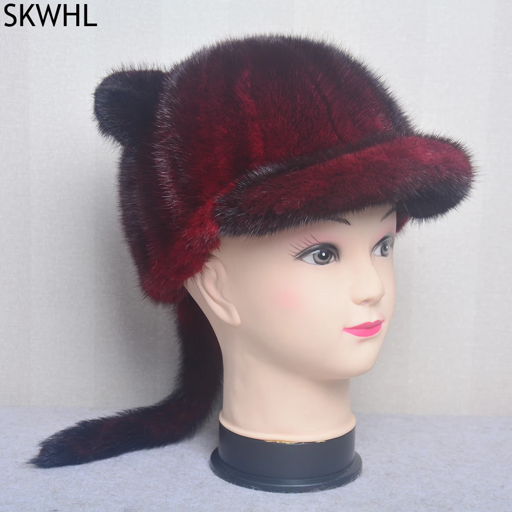 

100% Real Whole Fur Mink Fur Caps Visors Cute for Women Real Leather Winter Mink Fur Hat Visors