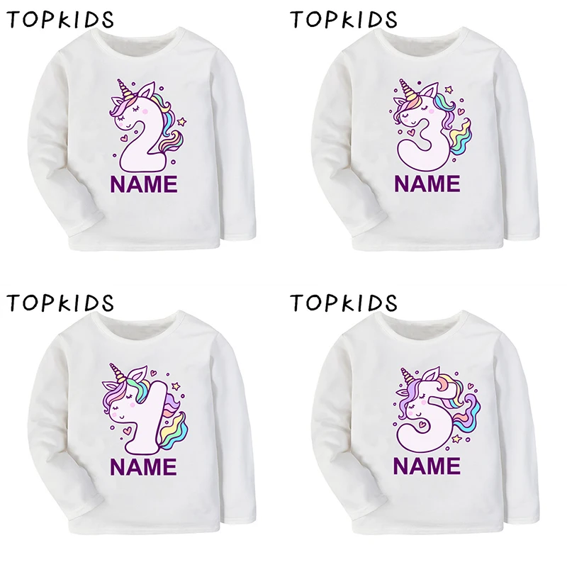 Customized Name Girls T shirt Unicorn 1 2 3 4 5 6 7 8 9 10 Years Birthday Kids Clothes Kawaii Baby Long Sleeve Children T-shirt