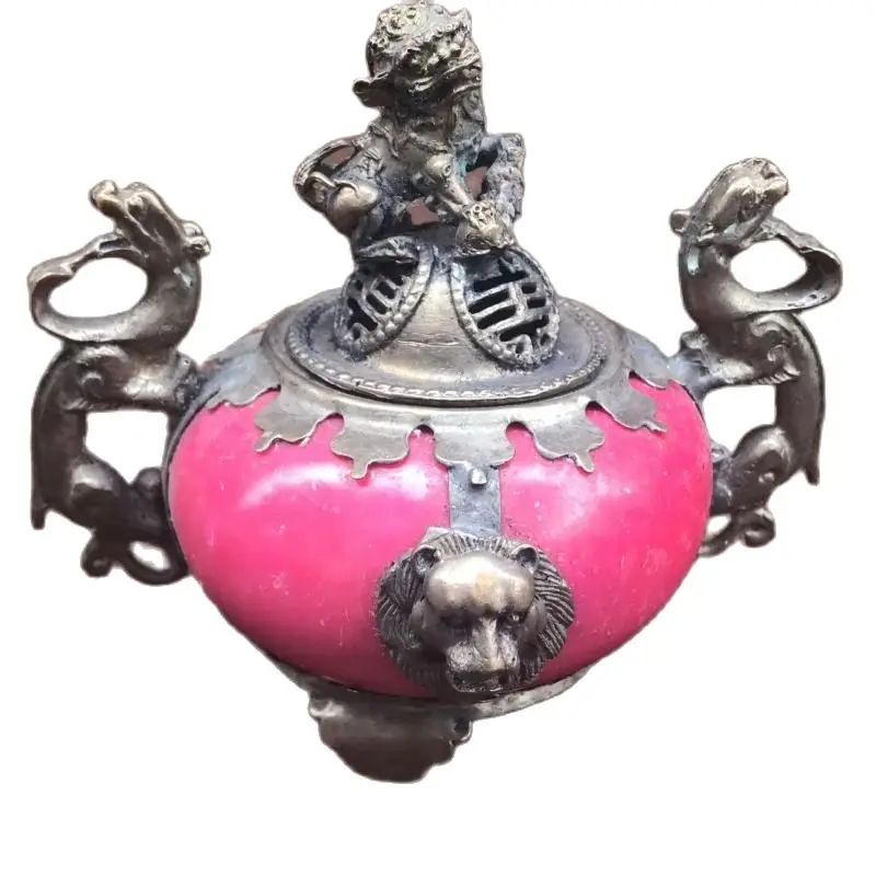 Chinese Copper-Plated Silver Cupronickel Handwork Carved Dragon Incense Burner & Lid w Lion Collection Ornaments