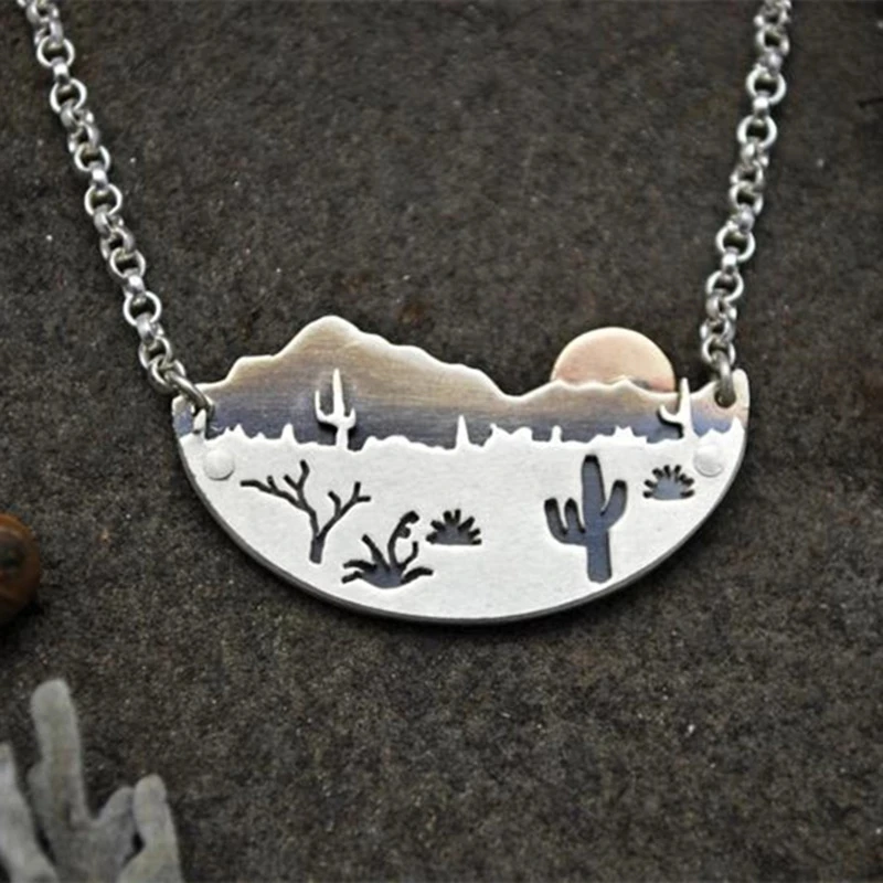 Silver Color Desert Sun Cactus Arizona Landscape Chain Boho Women's Vintage Necklace Jewelry Party Accessories