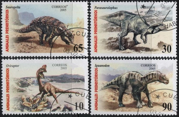 4Pcs/Set Caribbean Post Stamps 2005 Prehistoric Dinosaurs  Marked Postage Stamps for Collecting