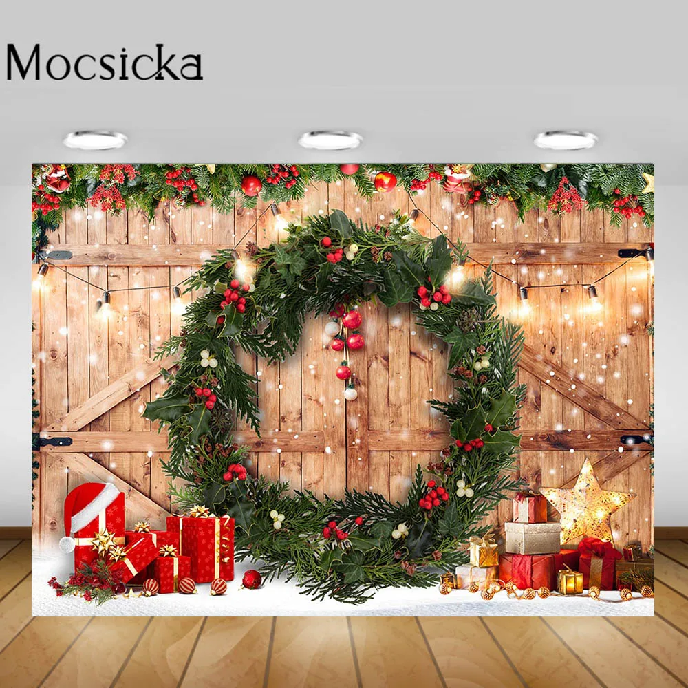 

Mocsicka Wood Door Wreath Winter Photography Backdrop Snow Snowflake Lights Christmas Backdrops Child Photocall Background Props