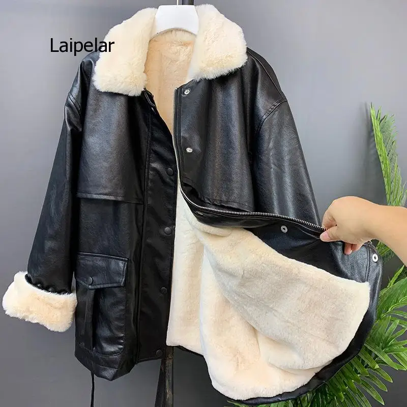 Winter Oversized Leather Jacket Women with Faux Rabbit Fur Inside Warm Soft Thickened Fur Lined Coat Long Sleeve