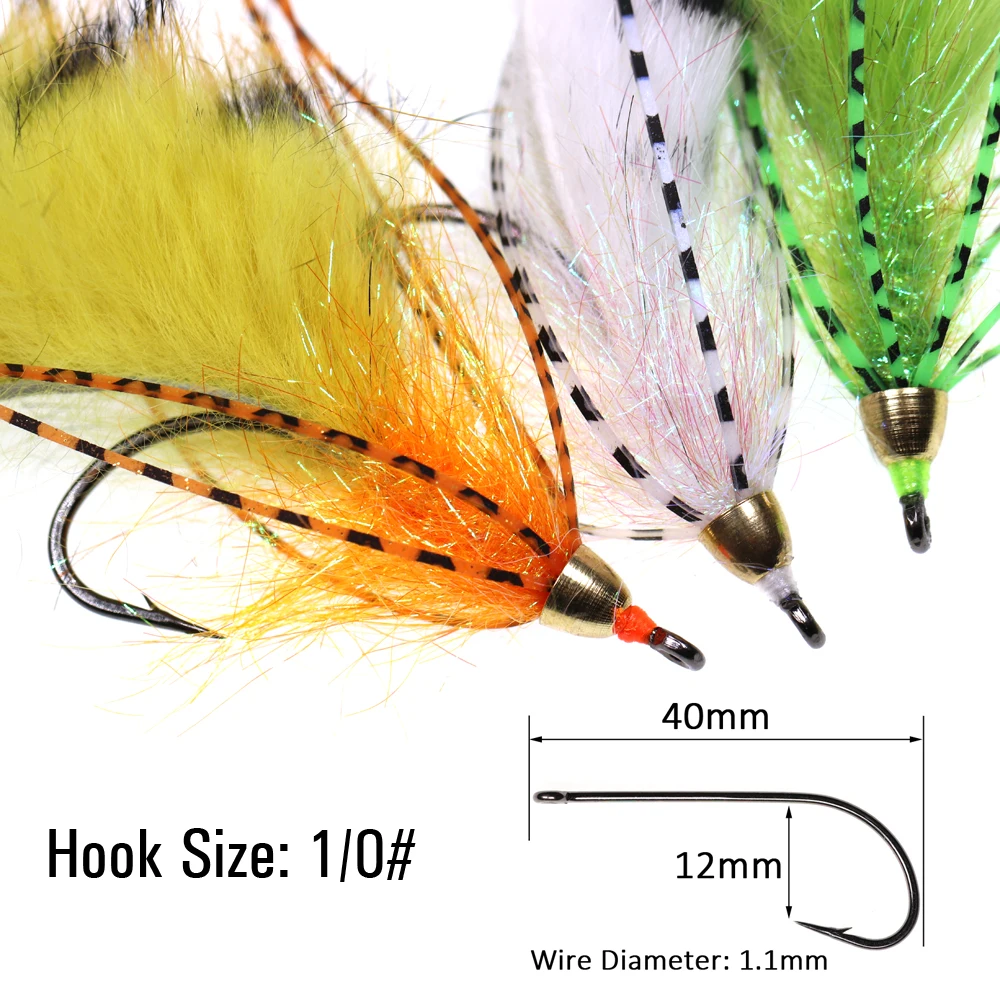 ICERIO 3PCS Brass Cone Heads Barred Zonker Streamers Flies Trout Bass Fishing Fly Lure Baits 1/0