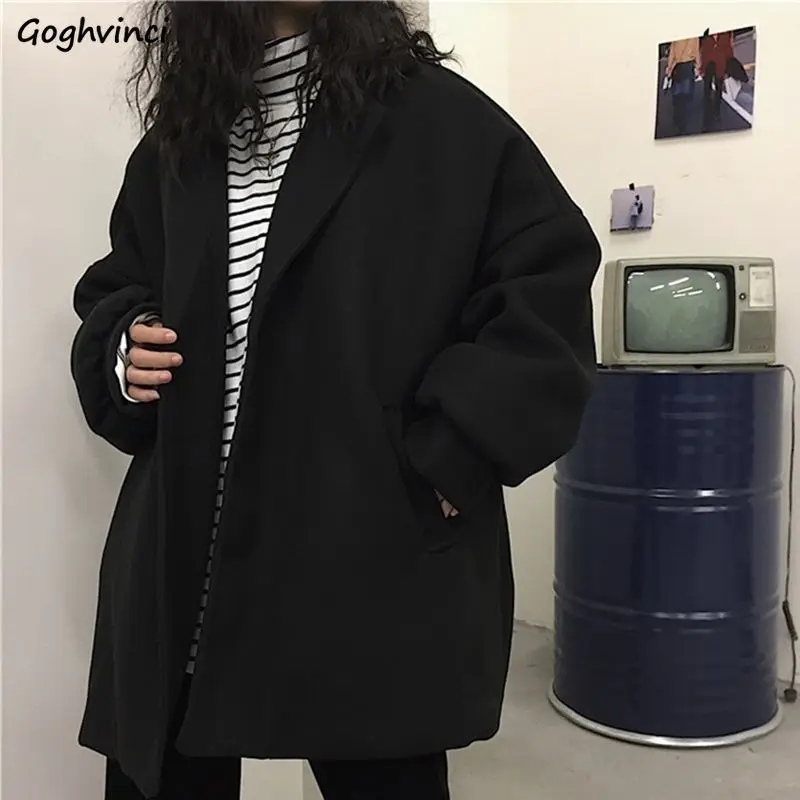 Blends Womens Coat Black Solid Casual Thicken Aesthetic Korean Style Couple Loose Leisure Female Harajuku Trendy Simple Wool