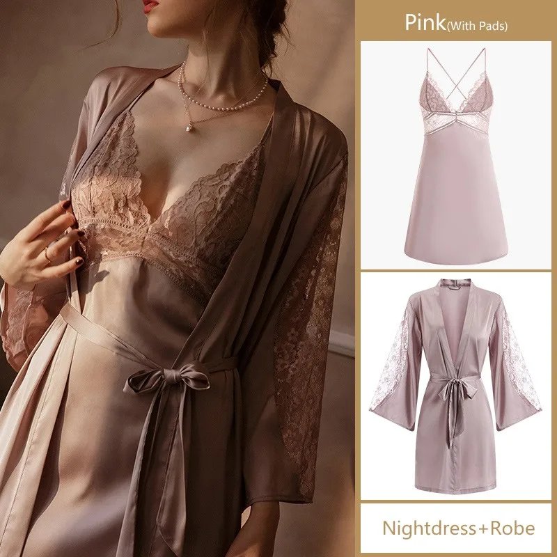 Robe Sets Night Dress Women Satin Sleepwear Bride Bridesmaid Wedding Gift Sexy Lace Nightgown Kimono Bathrobe Gown