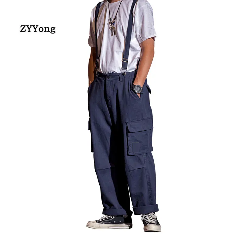 

Jumpsuit Men Overalls Bib Cargo Pants Men Loose Straight Big Pocket Freight Hip Hop Streetwear Casual Dad Wide Leg Trousers