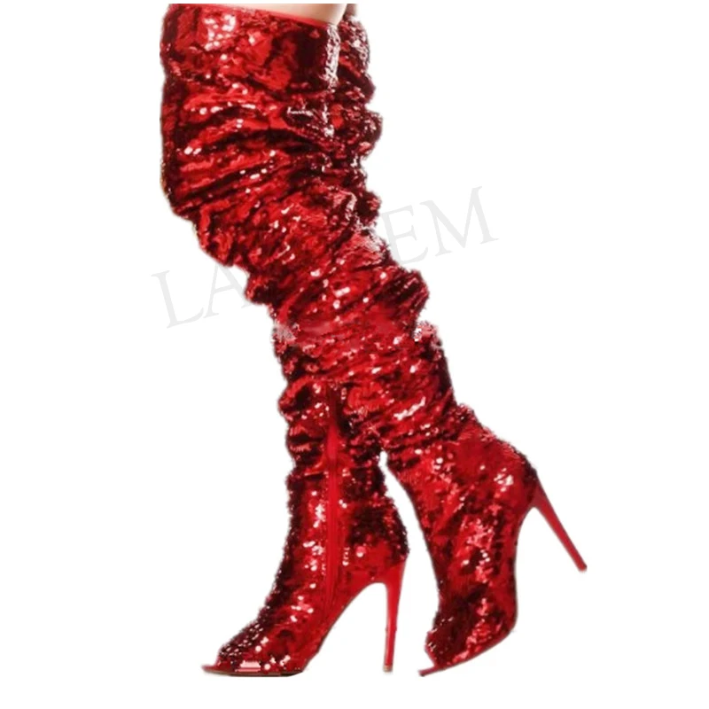 

BERZIMER Women Thigh High Boots Bling Glitter Peep Toe Over Knee High Boots Chaussures Ladies Party Shoes Woman Size 44 45 46 47