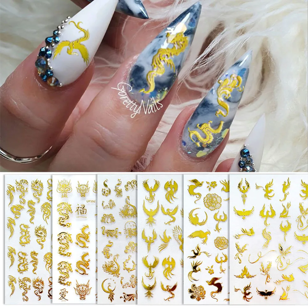 New 6pcs 3D Nail Art Sticker Self Adhesive Dragon Phoenix Design Slider Decals for Nail Art Decorations Manicure Tips 3 Color