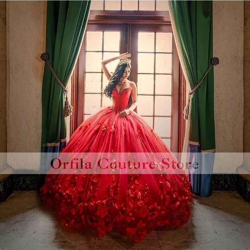 Sparkly Red Sweet 16 Ball Gown Quinceañera Dresses Flower Lace Sleeveless Vestido De 15 Anos Quinceanera 2021