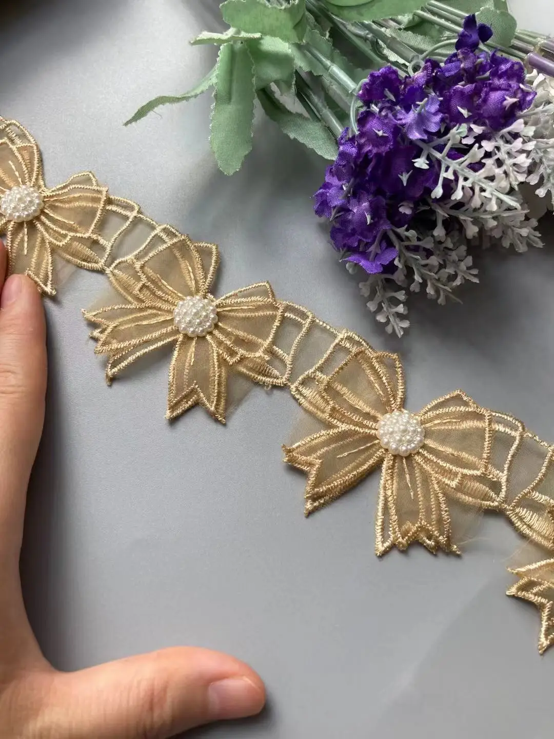

20X Gold Bowknot 5.5cm Pearl 3D Flower Tassel Lace Trim Ribbon Fabric Embroidered Applique Sewing Craft Wedding Dress Clothes