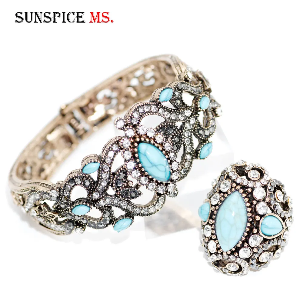 SUNSPICE MS Vintage Indian Jewelry Women Old Gold Silver Color Bangle Ring Sets Turkish Ethnic Banquet Wedding Jewelry Gift