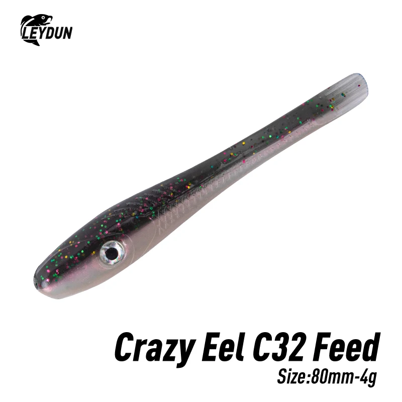 LEYDUN Crazy Eel C32 Feed Soft Fishing Lures 80mm 10pc/Bag Seabass Artificial Baits Silicone Worm Shad Needfish Saltwater Tackle