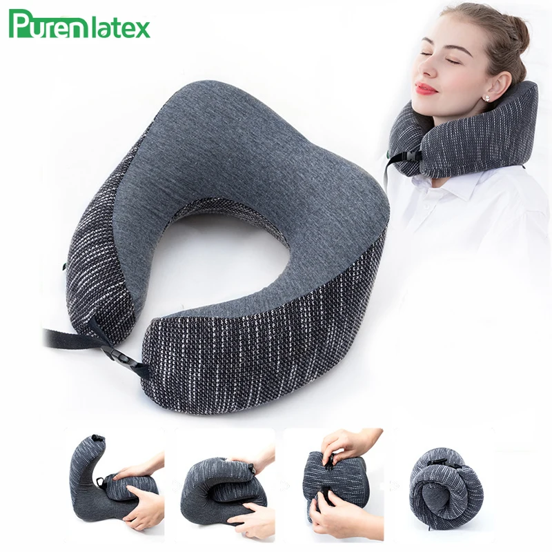 PurenLatex U Shape Travel Pillow for Airplane Memory Foam U Shape Neck Pillow Support with Lock Slow Rebound Pressure Pillow