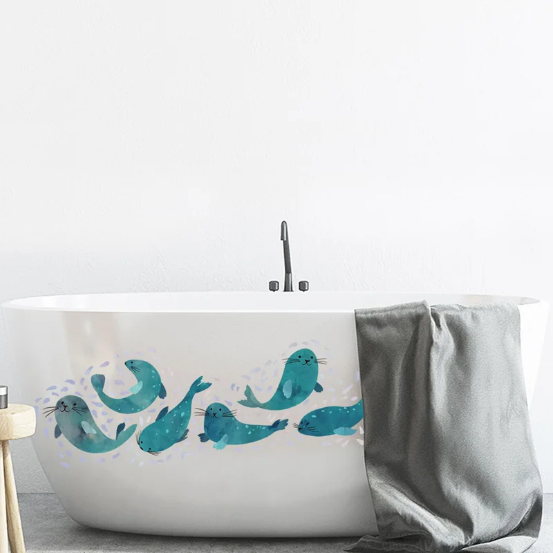 Cute Sea Lion Combination Wall Sticker Living Room Bedroom Bathroom Bathtub Decoration Mural Art Decals Bathroom Glass Wallpaper