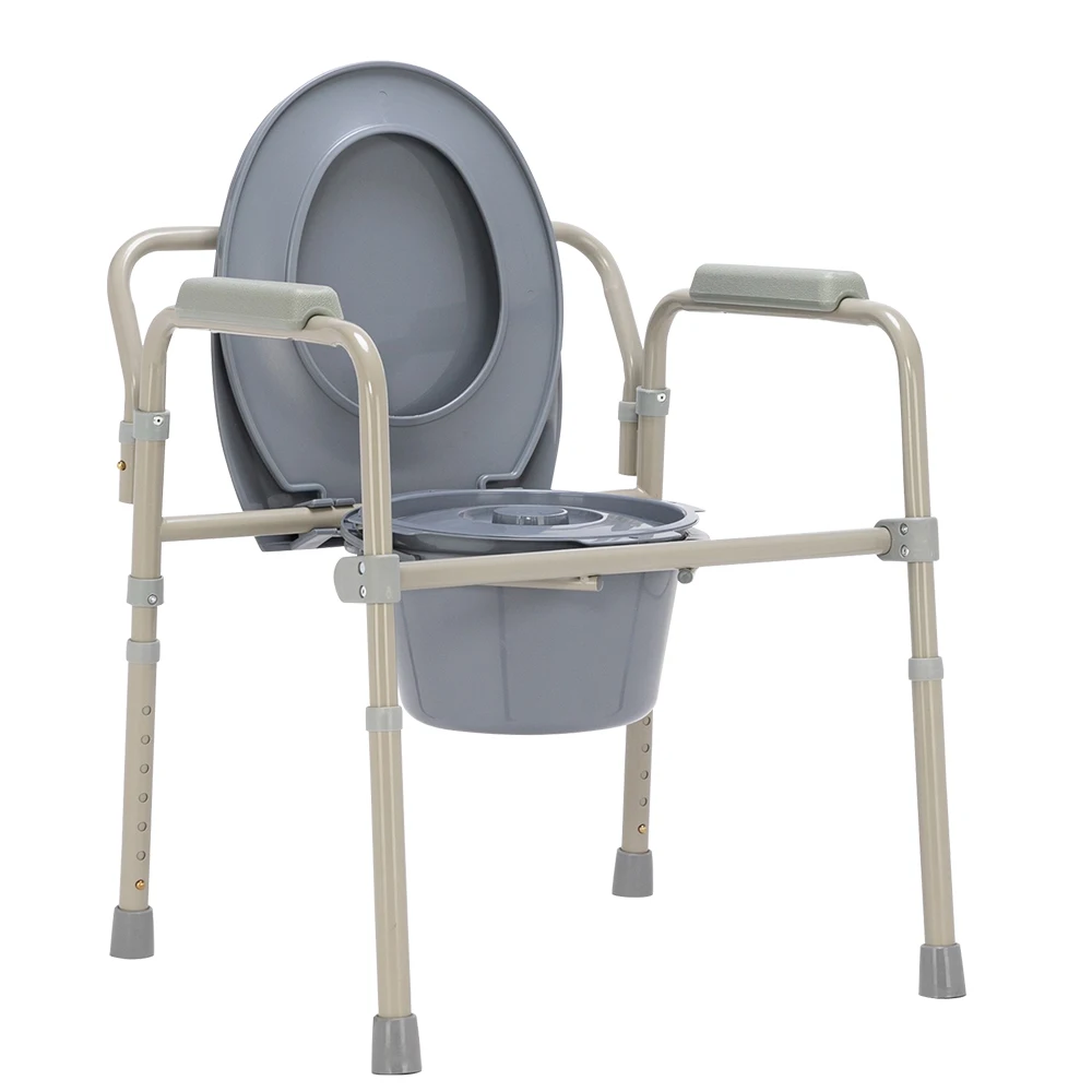 Iron Frame Folding Portable Toilet Seat Commode Height Adjustable Durable Easy to Clean Beige White In Stock