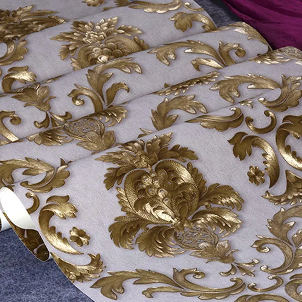 10M PVC Luxury Gold Metallic Textured Damask Wallpaper Roll Home Decor Wall Paper Roll Living Room Bedroom