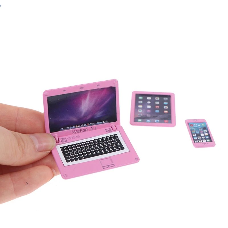 3 Pçs/set Simulação Mini Laptop Computador Tablet telefone Celular Acessórios de Casa De Bonecas Em Miniatura 1:12 Liga de Artesanato Decoração De Casa de Bonecas DIY