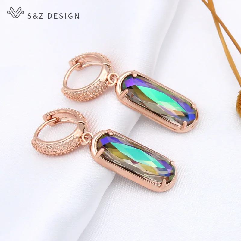 

S&Z DESIGN New Luxury Oval Egg Shape Crystal Dangle Earrings For Women Wedding Elegant Party Jewelry 585 Rose Gold Color Gift