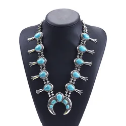 Fashion Imitation Blue Stone Long Necklace Vintage Silvery Chain Statement Moon Necklace Pendant Ethnic Maxi Party Jewelry